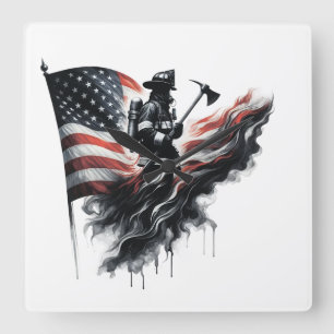United States Flag. Firefighter Square Wall Clock