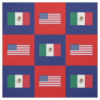 United States Flag, Mexico Flag on Blue & Red Fabric