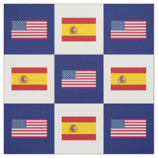 United States Flag, Spain Flag on Blue & White Fabric