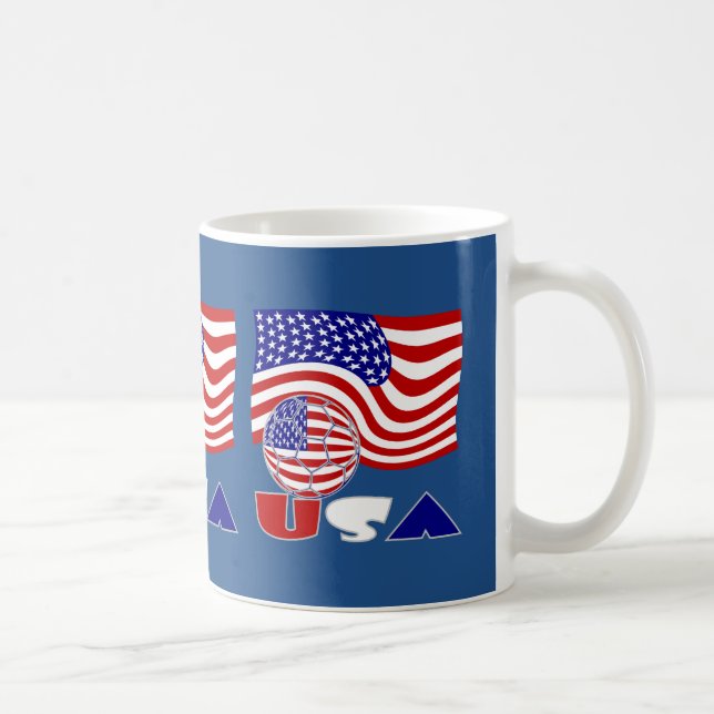 United States Flag USA Soccer Ball Blue Background Coffee Mug (Right)