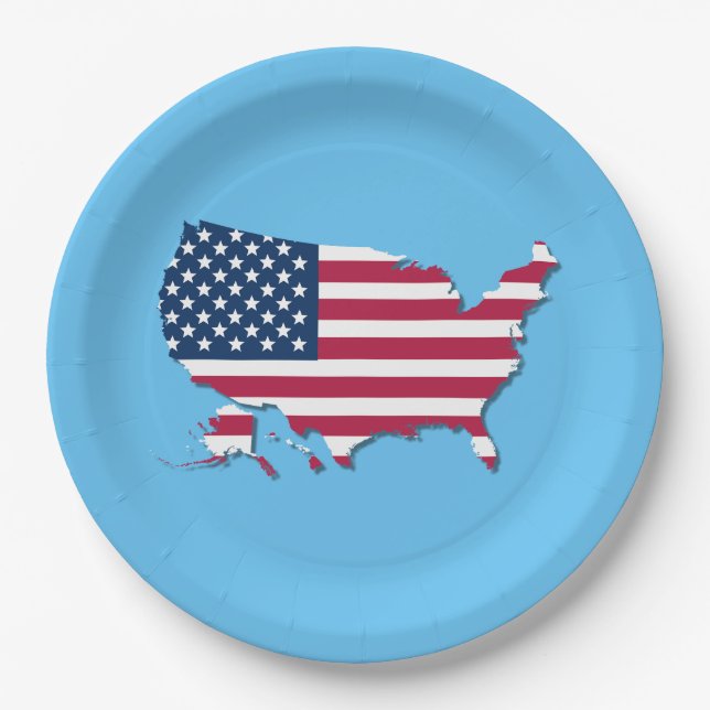 United States Map and Flag White Red Blue Paper Plate (Front)