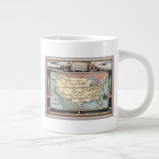 United States Map Ship the Skyway via Air Express Large Coffee Mug (Right)