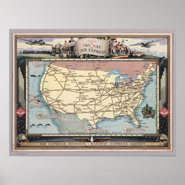 United States Map Ship the Skyway via Air Express Poster (Front)