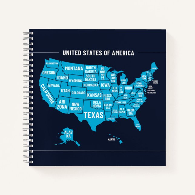 United States Map Teal Minimal Design Notebook (Front)