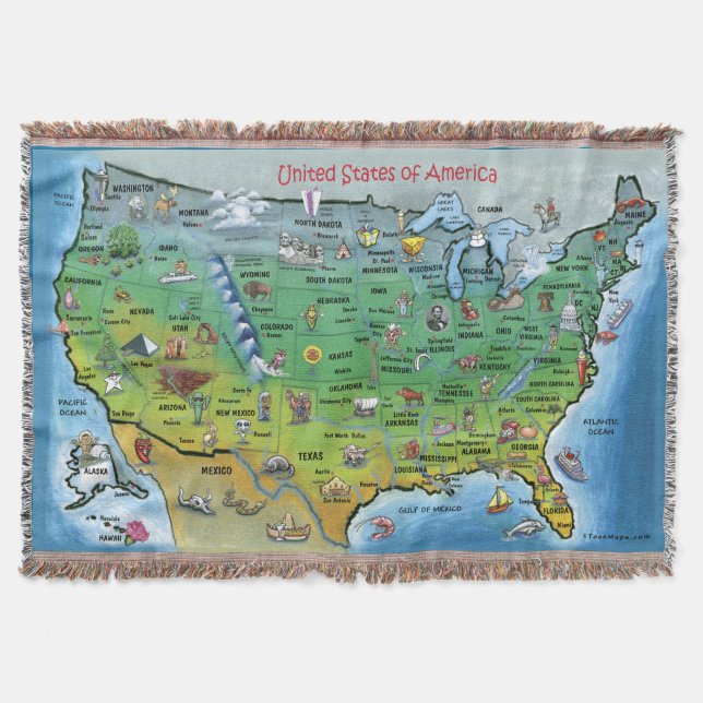 United States of America Cartoon Map Throw Blanket (Front)