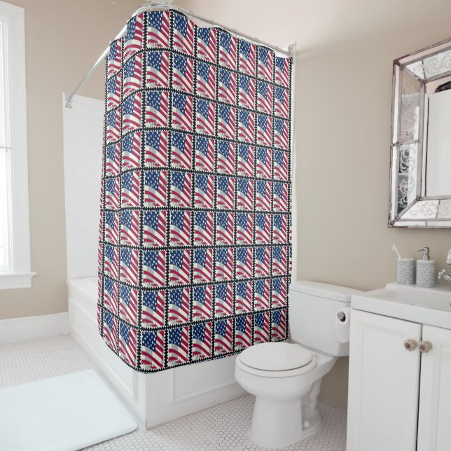 UNITED STATES OF AMERICA FLAG FOREVER STAMP SHOWER CURTAIN (In Situ)
