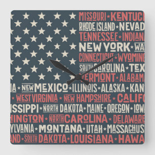 United States Of America States & Capitals Square Wall Clock