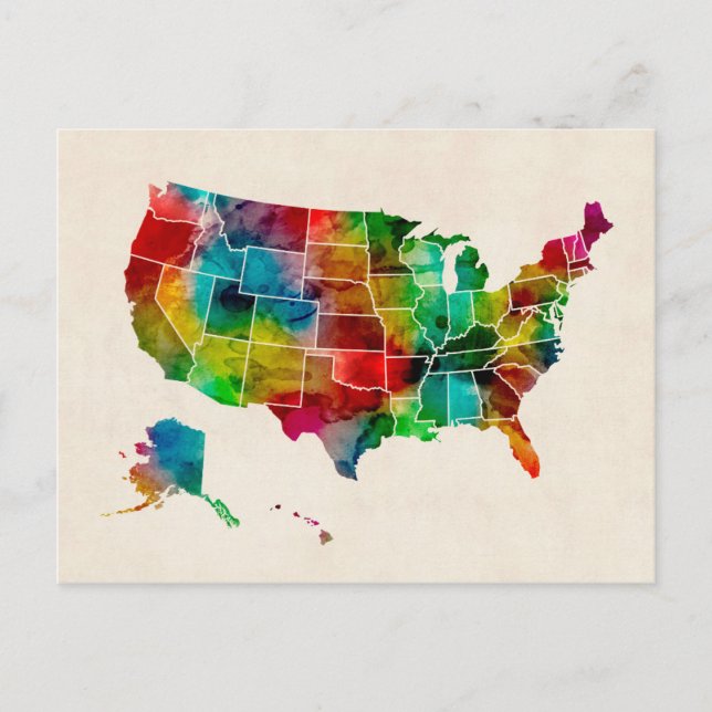 United States Watercolor Map Postcard (Front)