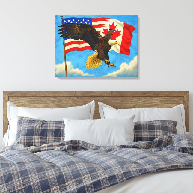 Unity - Canada Flag, US Flag and Eagle Canvas Print (Insitu(Bedroom))