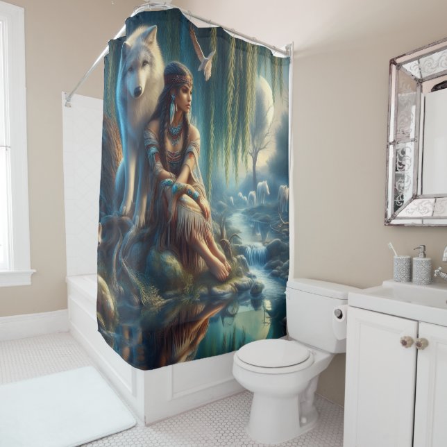 Unity of a Native Indian and her wolf Shower Curtain (In Situ)