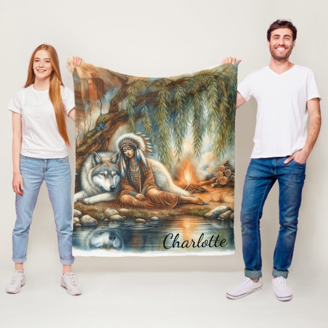 Unity of Native Indian and wolf spirit Fleece Blanket (In Situ)
