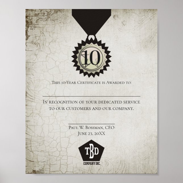 Universal employee anniversary award certificate poster (Front)