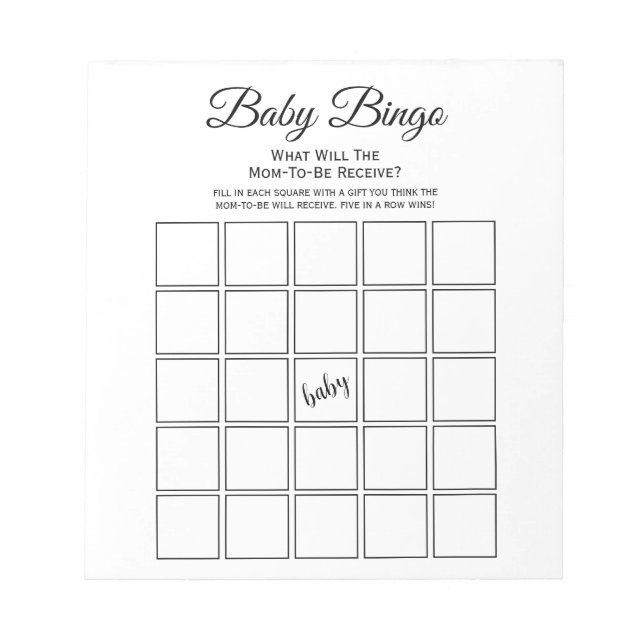 Universal White Baby Shower Bingo Party Game Notepad (Front)