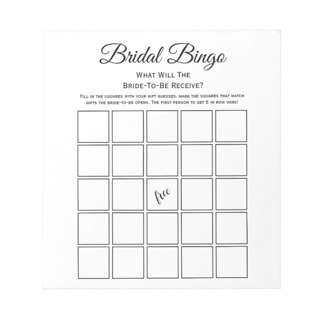 Universal White Bridal Shower Bingo Party Game Notepad (Front)
