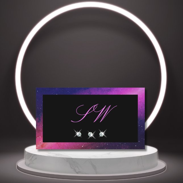 Universe Black Blue Pink Sparkle Diamonds Monogram Business Card (Creator Uploaded)