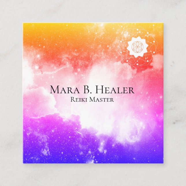 *~* Universe Pink Peach Lavender Galaxy Nebula Square Business Card (Front)