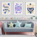 Universe Space Kids Playroom Decor Custom Name<br><div class="desc">Super fun set of child's bedroom, nursery, or playroom art prints featuring space themed designs that read "Reach for the Stars", Explore and You are My Universe surrounded by space graphics. Personalise with your child's name or delete and just have the illustrations. Perfect for a space, scene or explorer themed...</div>