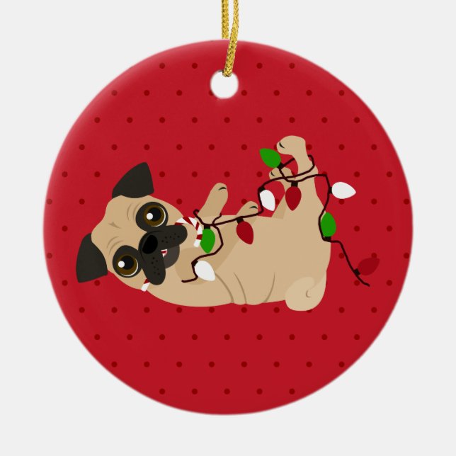 Unleash the Holiday Cheer Cute Pug Christmas Ceramic Tree Decoration (Front)