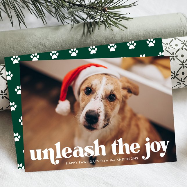 Unleash the Joy Green Dog Photo Holiday Card (Creator Uploaded)