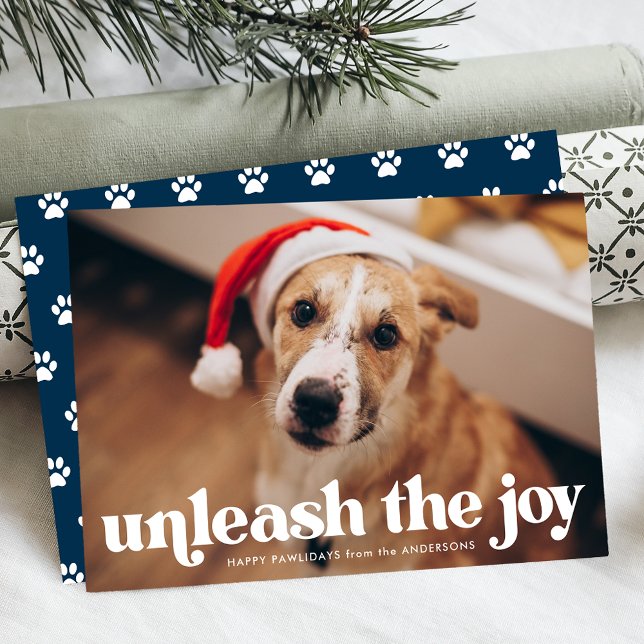 Unleash the Joy Navy Dog Photo Holiday Card (Creator Uploaded)