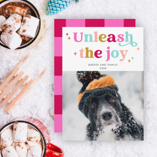 Unleash The Joy Retro Christmas Pet Photo Holiday Card