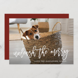 Unleash the Merry Script Cute Dog Photo Holiday Card