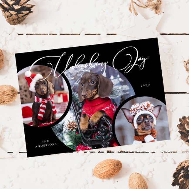 Unleashing Joy Black Dog Photo Holiday Card (Creator Uploaded)