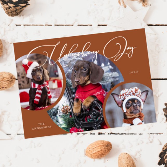 Unleashing Joy Terracotta Dog Photo Holiday Card (Creator Uploaded)