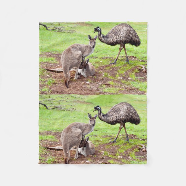 "Unlikely Pals: The Kangaroo and Emu Friendship" Fleece Blanket (Front)