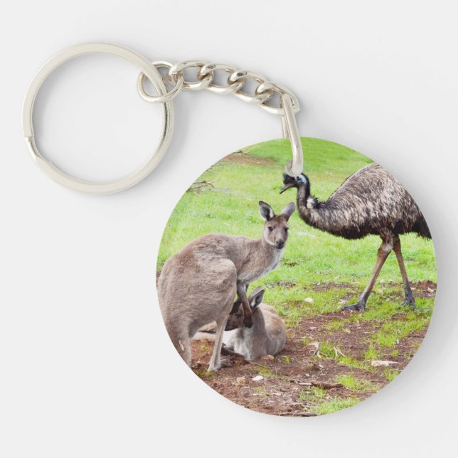 "Unlikely Pals: The Kangaroo and Emu Friendship" Key Ring (Front)