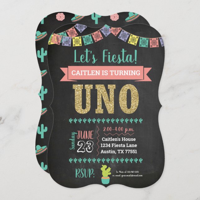 Uno First Birthday Chalkboard Invitation Girl (Front/Back)
