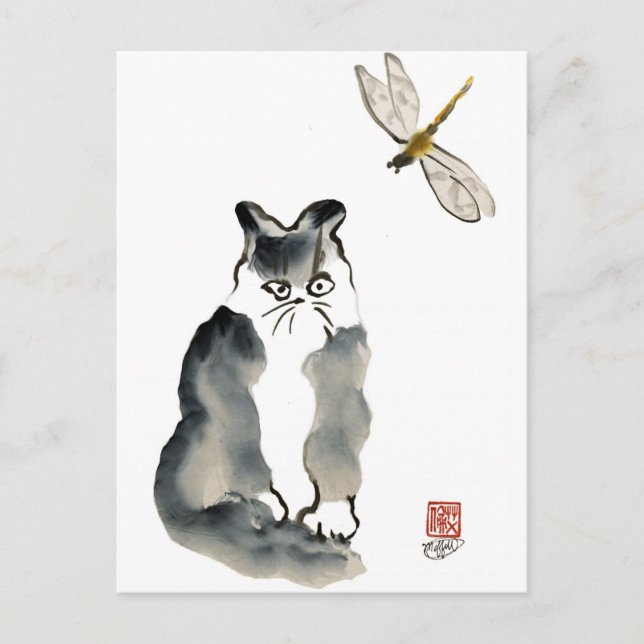 Unpalatable Insect [dragonfly] and Grey Kitten Postcard (Front)