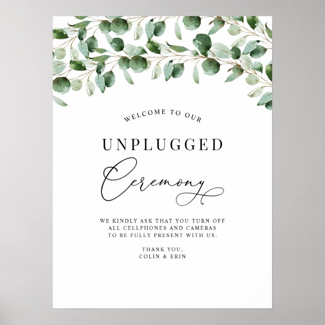 Unplugged Ceremony Eucalyptus Greenery Wedding Poster (Front)