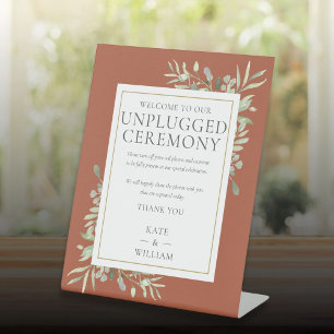 Unplugged Ceremony Greenery Terracotta Wedding Pedestal Sign