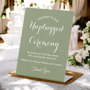 Unplugged Ceremony Sage Green White Wedding  Pedestal Sign