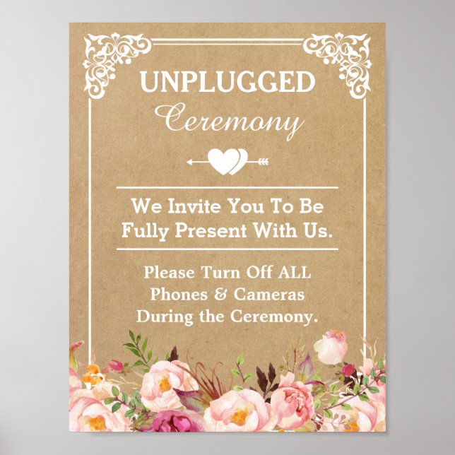 Unplugged Ceremony Wedding Sign Floral Kraft (Front)