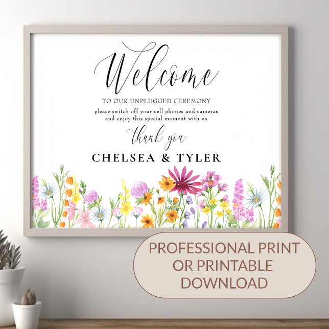 Unplugged Ceremony Wildflower Meadow Welcome Poster (Unplugged Ceremony Poster, print or digital download from my Wildflower Meadow Wedding Collection)