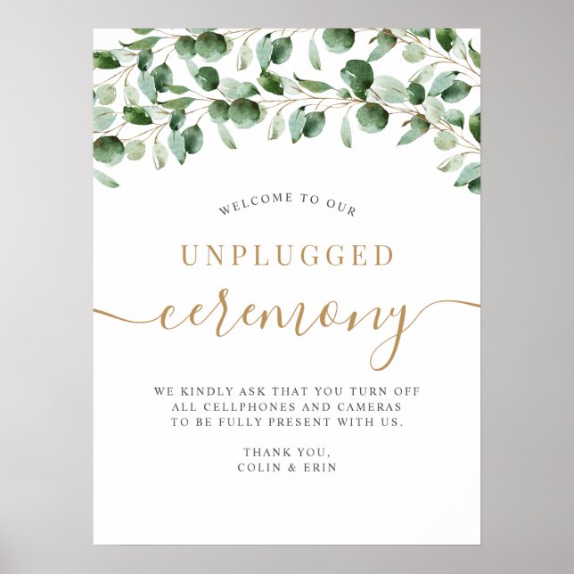 Unplugged Wedding Ceremony Eucalyptus Greenery Poster (Front)