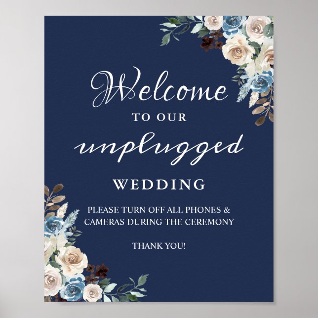 Unplugged Wedding Ceremony Sign Navy Blue Floral (Front)
