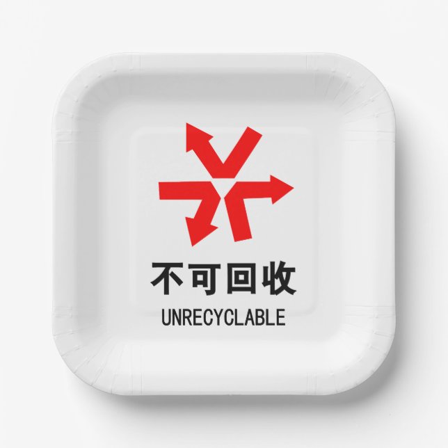 Unrecyclable ~ Chinese Language Hanzi Sign Paper Plate (Front)