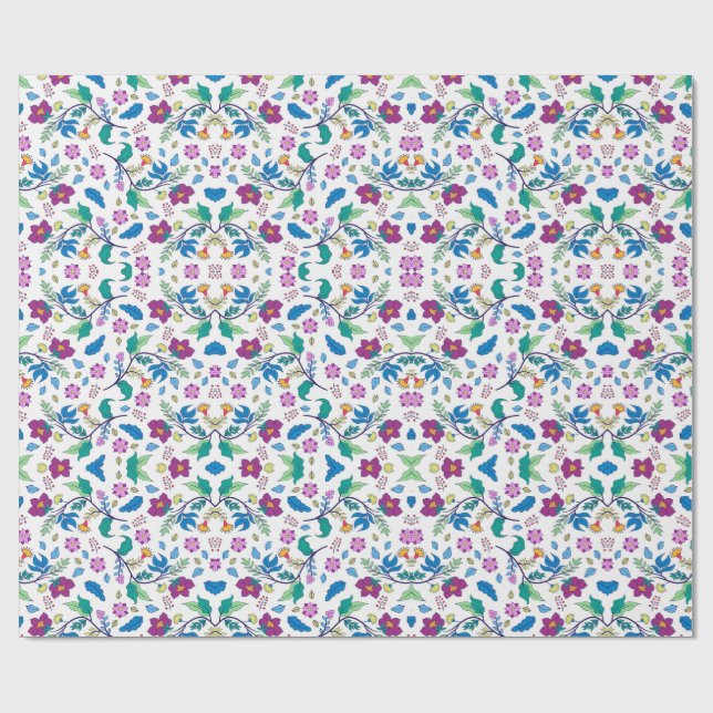 Unrolled and flat views of vibrant floral wrapping wrapping paper (Flat)