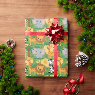 Unrolled gift wrap with a playful jungle theme