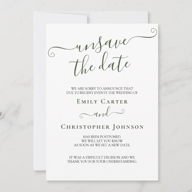 Unsave the Date Elegant Green Wedding Update Card (Front)