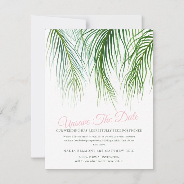 Unsave the date wedding change of plan postponed save the date (Front)