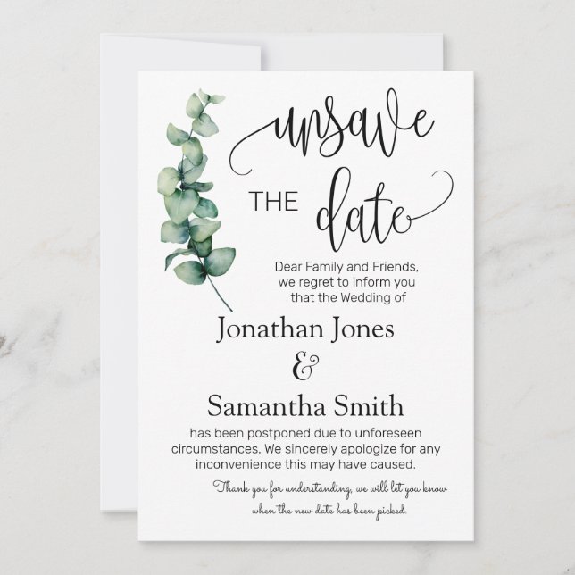Unsave the dates wedding date change greenery invi invitation (Front)