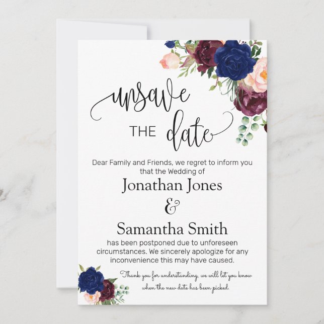 Unsave the dates wedding date change navy burgundy invitation (Front)