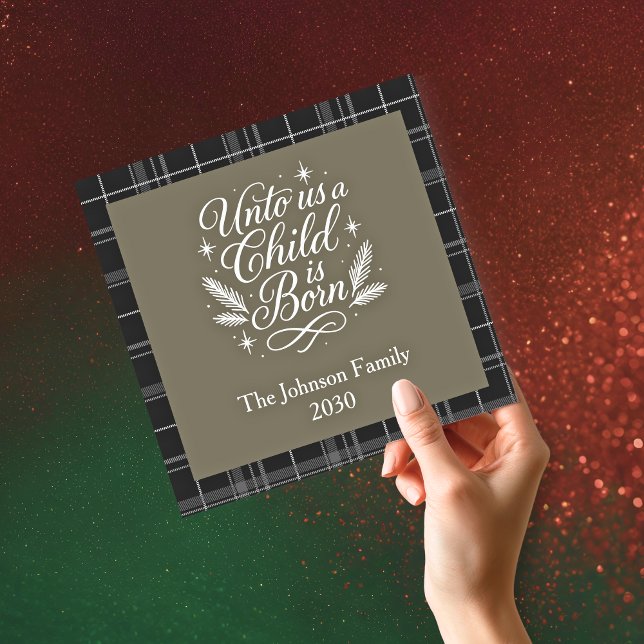 Unto Us A Child Is Born Square Photo Christmas Holiday Card (Creator Uploaded)