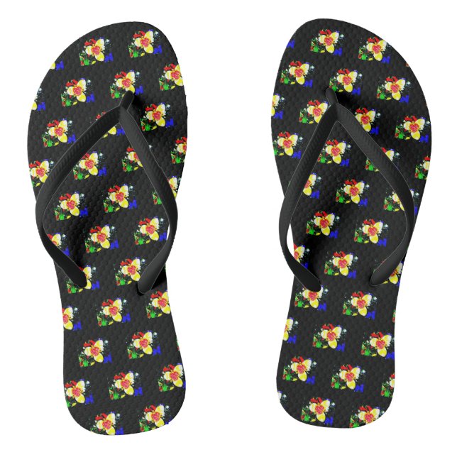 unusual black with yellow and red flower pattern jandals (Footbed)