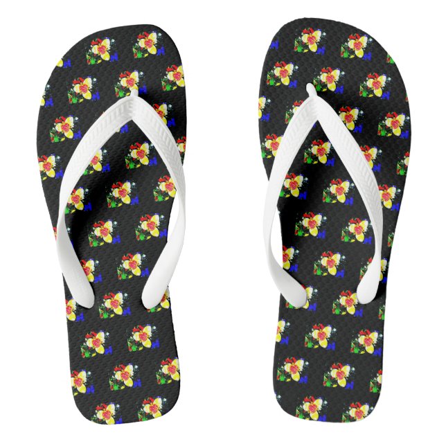 unusual black with yellow and red flower pattern jandals (Footbed)