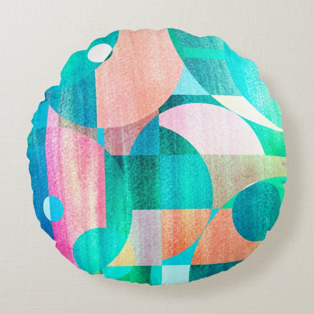 unusual bright colourful geometric abstract patter round cushion (Front)